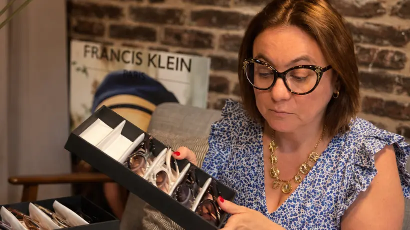 Selection of handmade Francis Klein eyewear displayed in the Parisian showroom