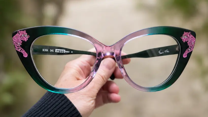 Francis Klein frame with a hand-engraved pink panther set with crystals on a graded cat-eye