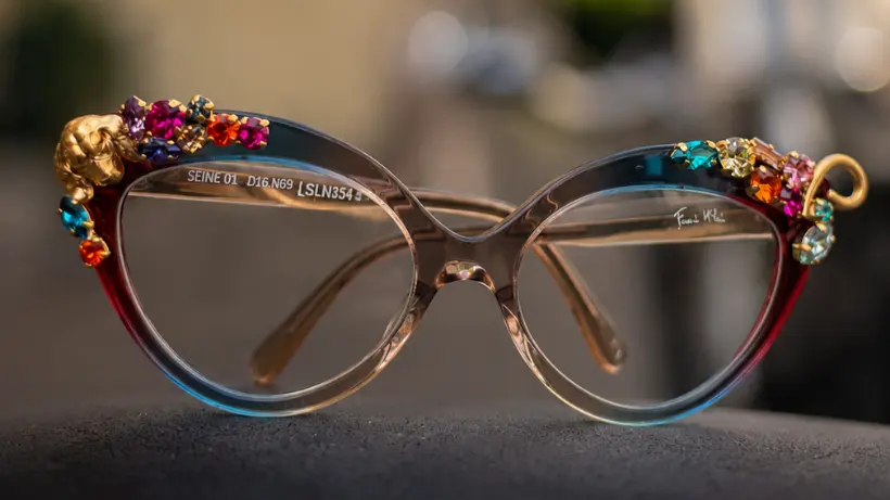 Close-up of a Francis Klein acetate frame with crystals set by hand along the upper rim